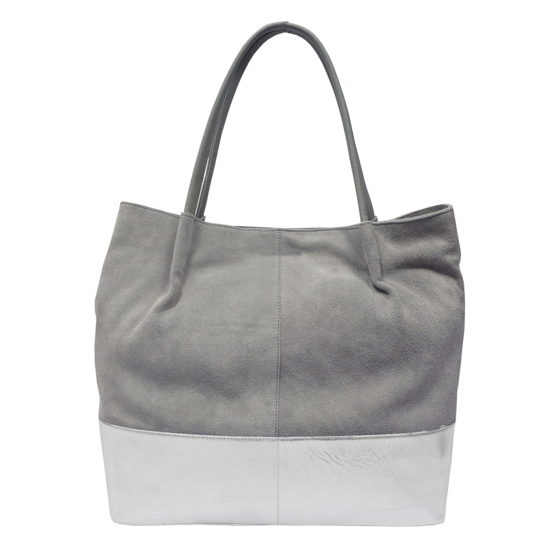 'DONNA' Grey and Metallic Silver Real Leather Unlined Designer Shopper Bag