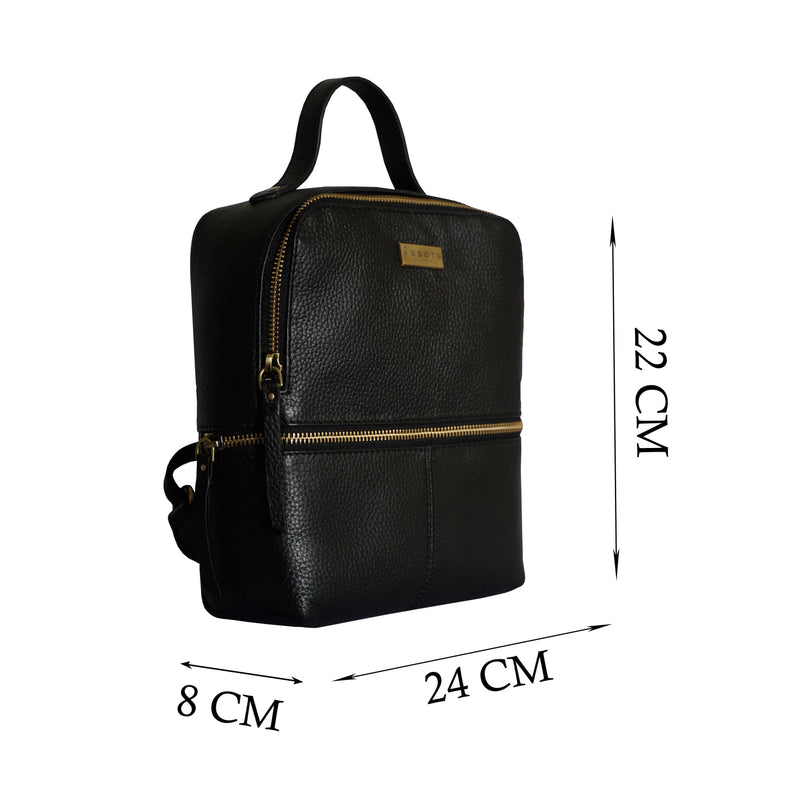 'ELLA' Black Pebble Grain Mini Real Leather Backpack for Women