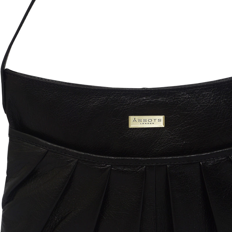 'EVIE' Black Pleated Real Leather Natural Grain Shoulder Bag