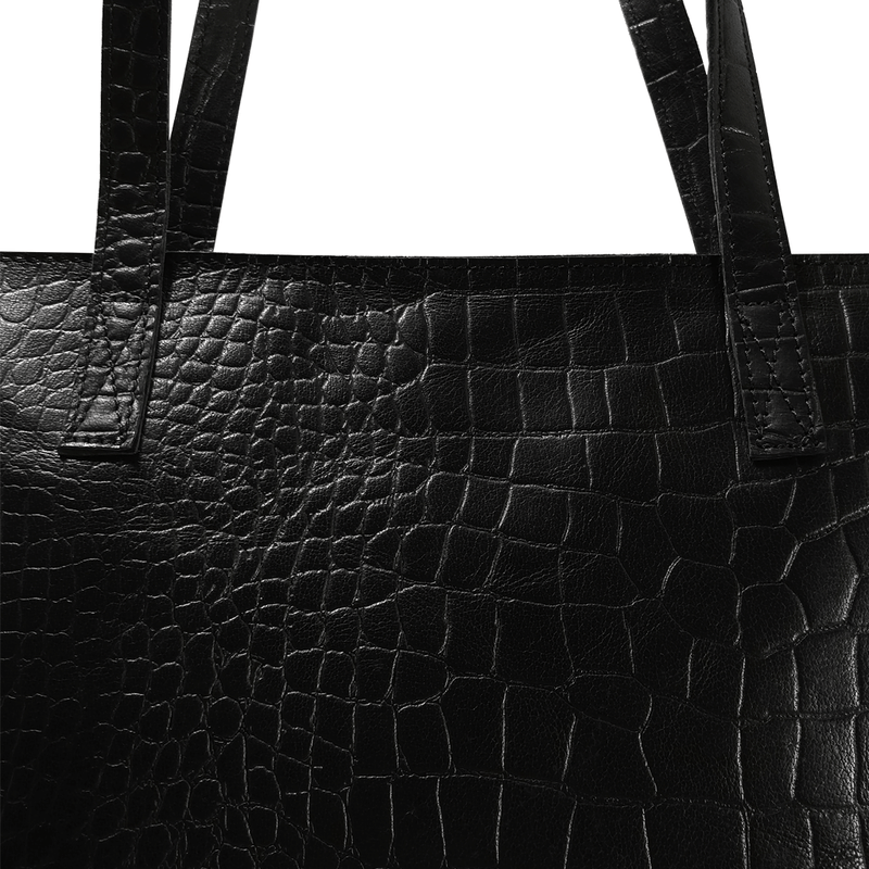 'FREYA' Black Semi Structured Unlined Croc Leather Tote Bag