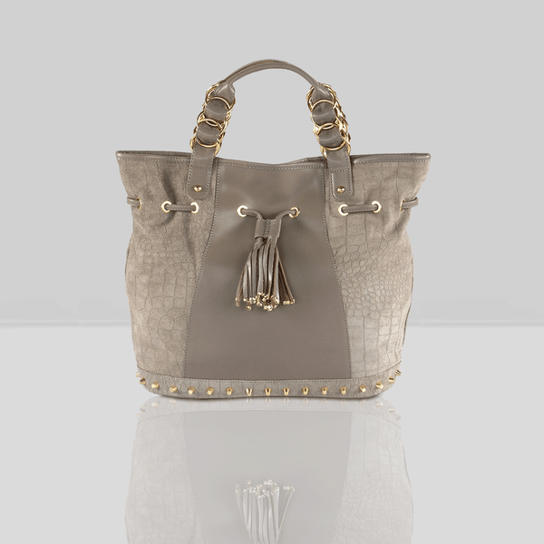 'WINDEMERE' Grey Designer Crocodile Printed Suede Leather Tote Bag