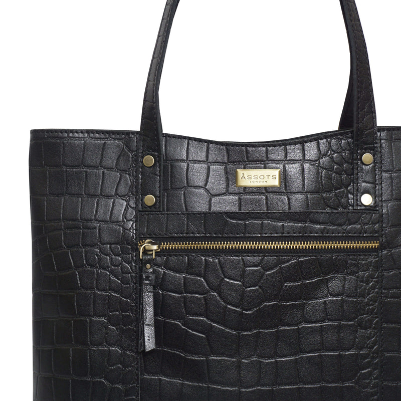 'HELENE' Black Croc Designer Leather Grab Bag