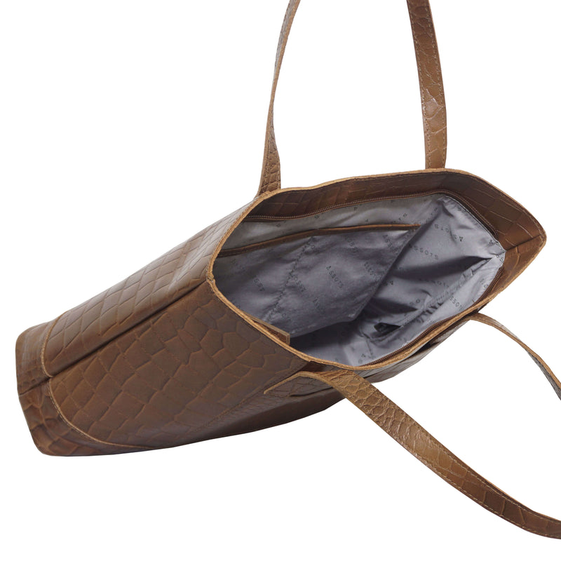 'HELENE' Tan Croc Designer Leather Grab Bag