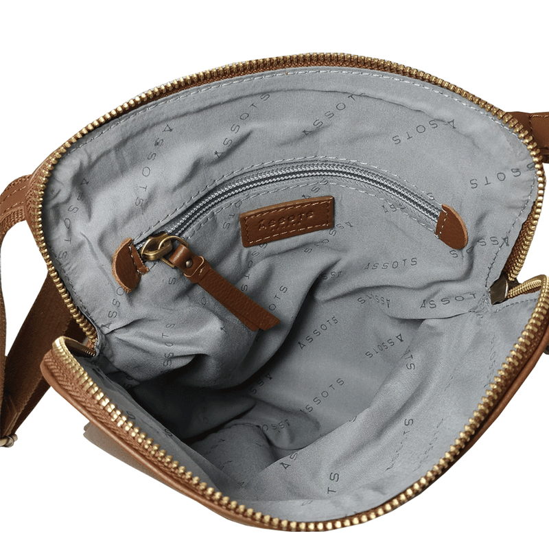 'ELSIE' Tan Pebble Grain Leather Zip Top Crossbody Bag