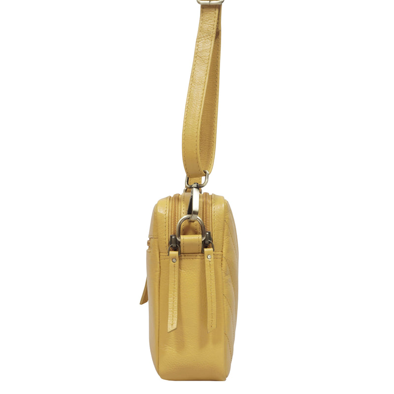 'IRIS' Mustard Quilted Soft Pebble Grain Leather Crossbody Bag