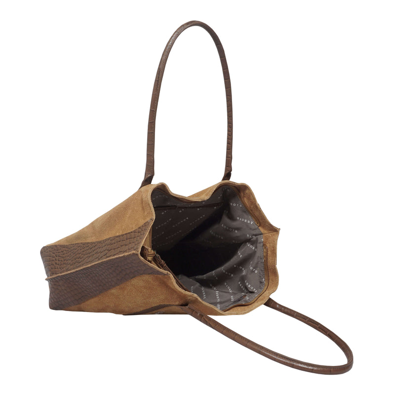 'ISLA' Tan Suede + Croc Real Leather Designer Large Tote Bag