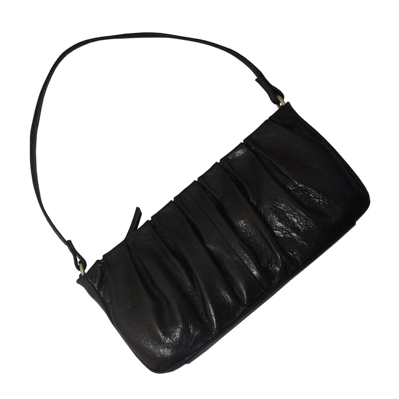 'IVY' Black Vintage Pleated Real Leather Baguette Shoulder Bag