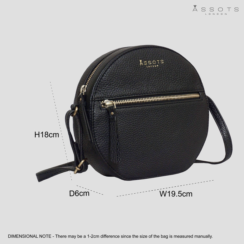 'Jane' Black Pebble Grain Leather Round Designer Crossbody Bag