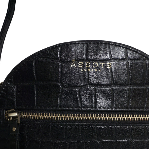 'Jane' Black Croc Leather Round Designer Crossbody Bag