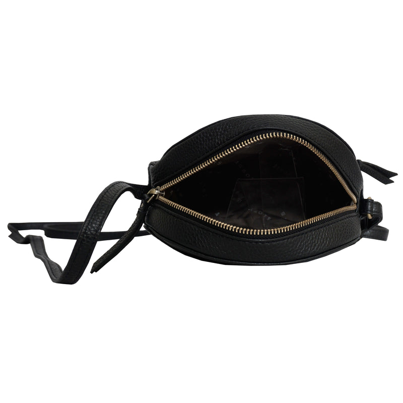 'Jane' Black Pebble Grain Leather Round Designer Crossbody Bag