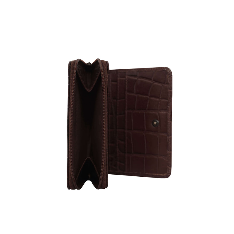 'JOLLY' Brown Croc Real Leather Designer Zip-Top Wallet