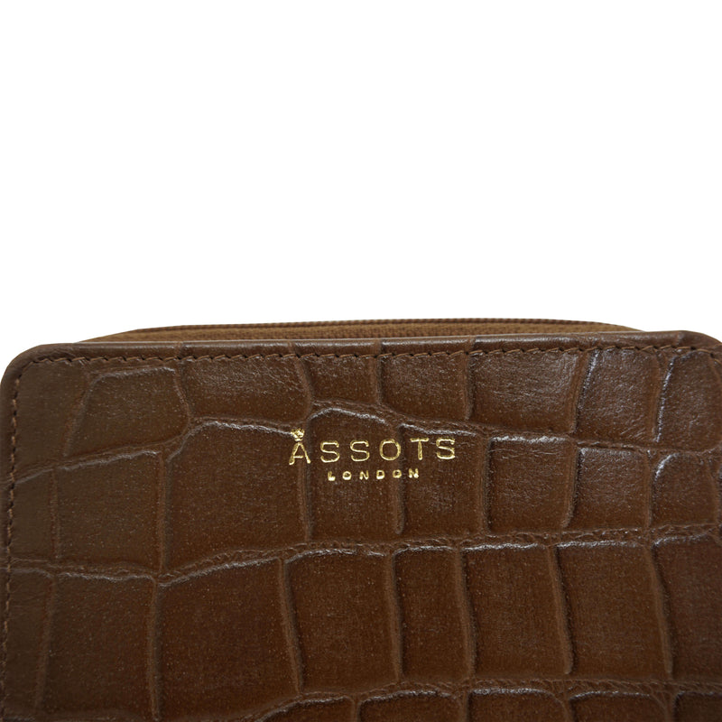 'JOLLY' Tan Croc Real Leather Designer Zip-Top Wallet