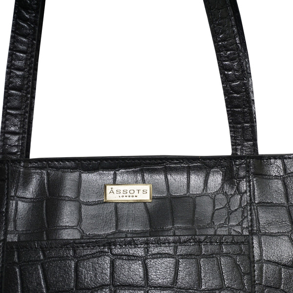 'JUDITH' Black Croc Real Leather Shoulder Bag