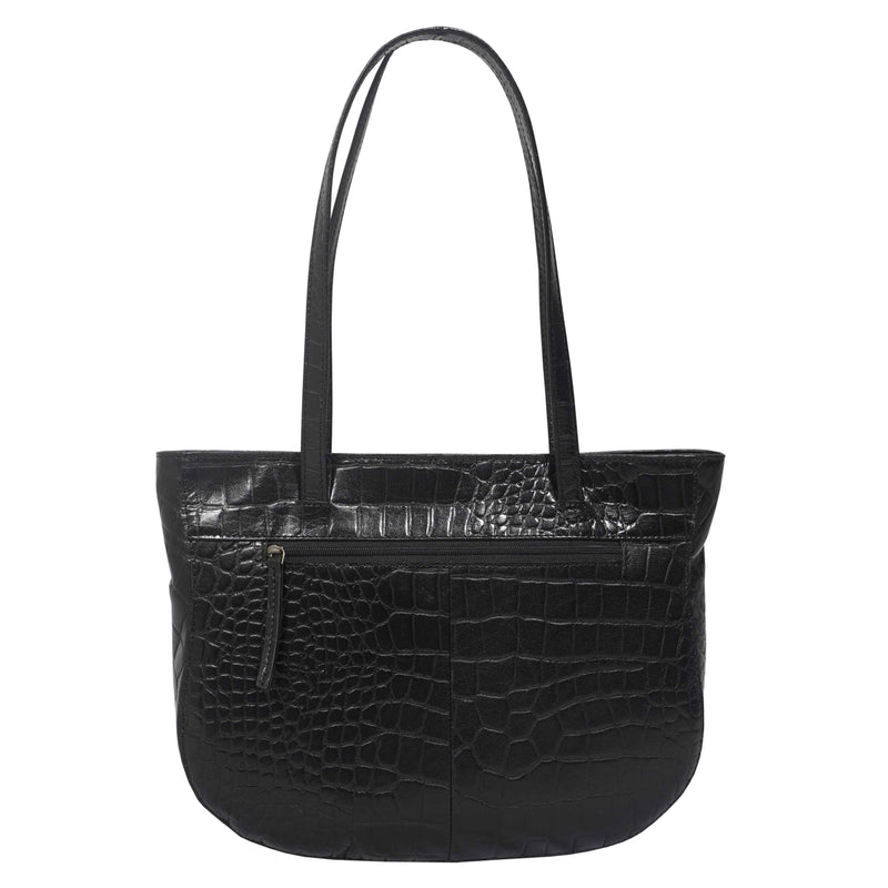 'JULIA' Black Vintage Croc Real Leather Shoulder Work Bag