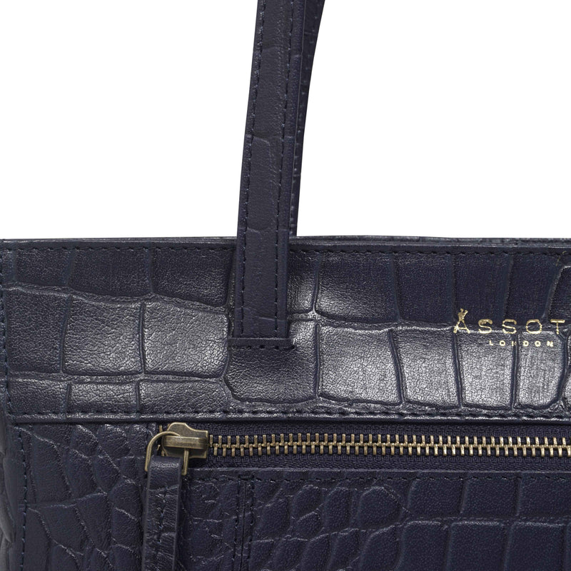 'JULIA' Navy Blue Vintage Croc Real Leather Shoulder Work Bag