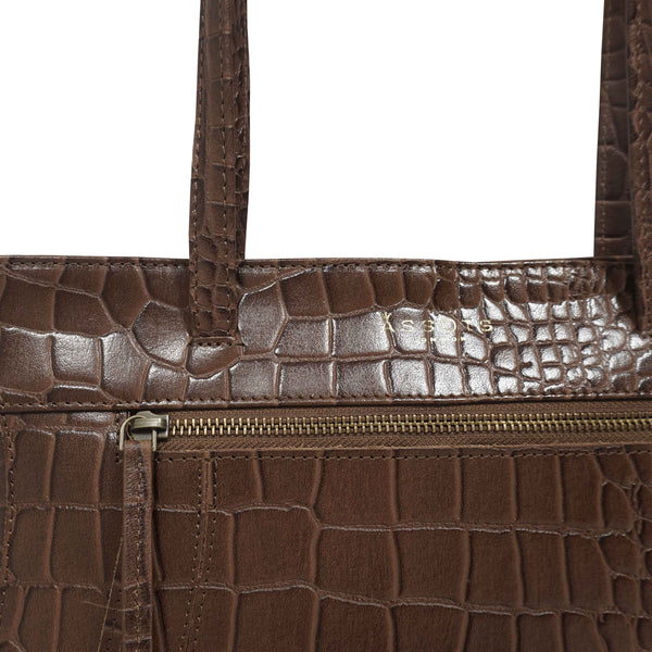 'JULIA' Tan Vintage Croc Real Leather Shoulder Work Bag
