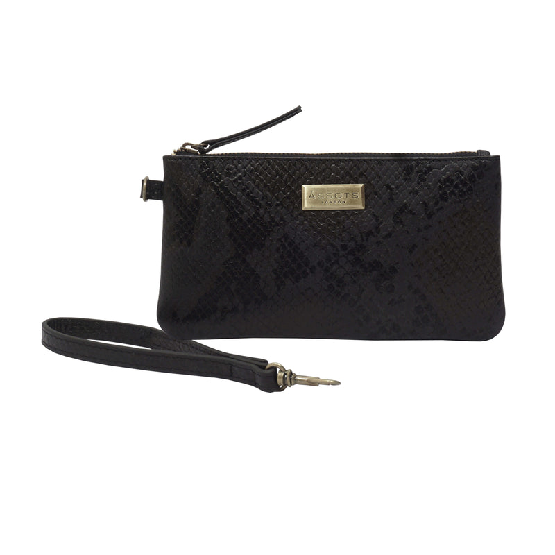 'KAREN' Black Snake Print Real Leather Wristlet Clutch Bag