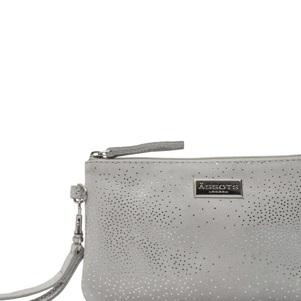'KAREN' Grey Suede Leather with Silver Embellishment Wristlet Clutch Bag