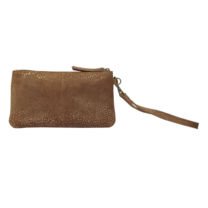 'KAREN' Tan Suede Leather with Yellow Gold Embellishment Wristlet Clutch Bag