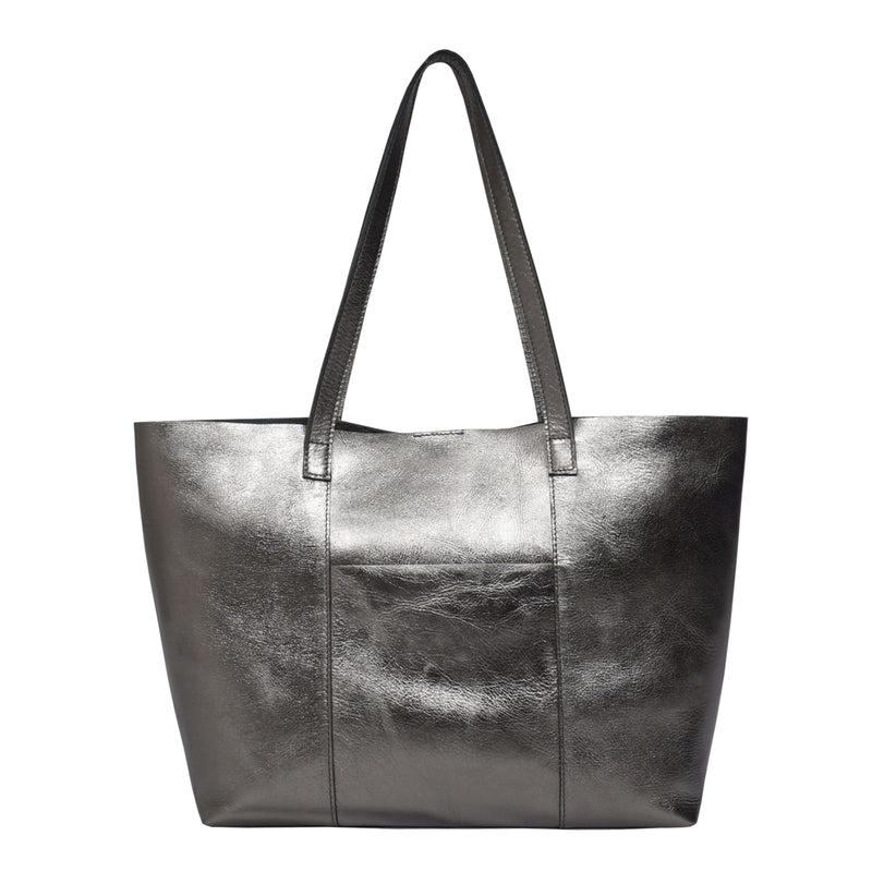 'MAISIE' Pewter Metallic Real Leather Shopper Tote Bag