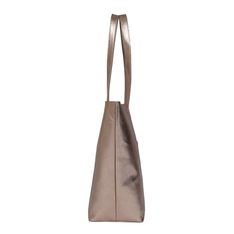 Rose Gold Metallic Real Leather Shopper Unlined Tote Bag for Women