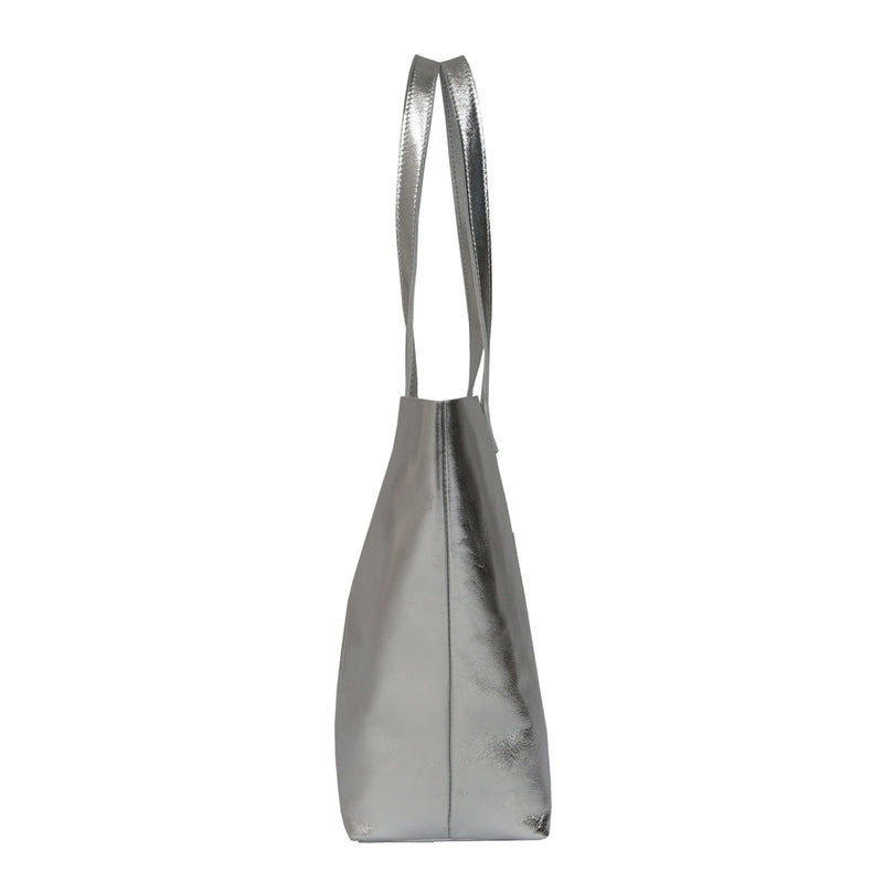 'MAISIE' Silver Metallic Real Leather Shopper Tote Bag