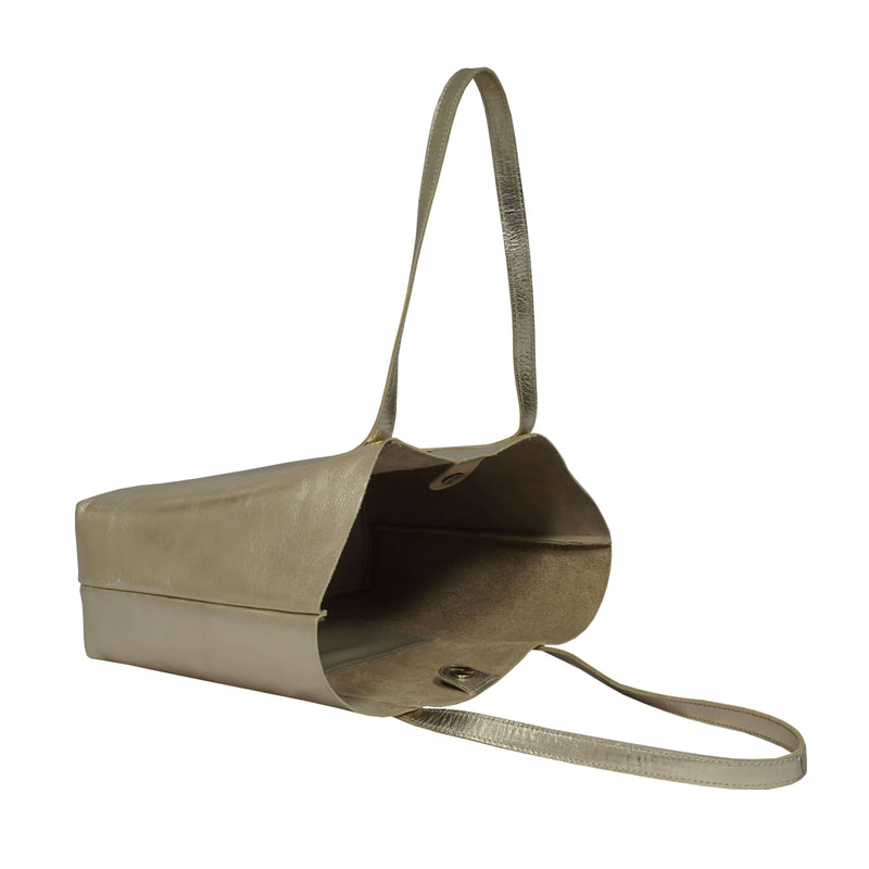 'MAISIE' Yellow Gold Metallic Real Leather Unlined Tote Bag