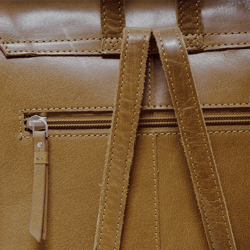 'MARGARET' Tan Natural Grain Polished Leather Flap Over Backpack