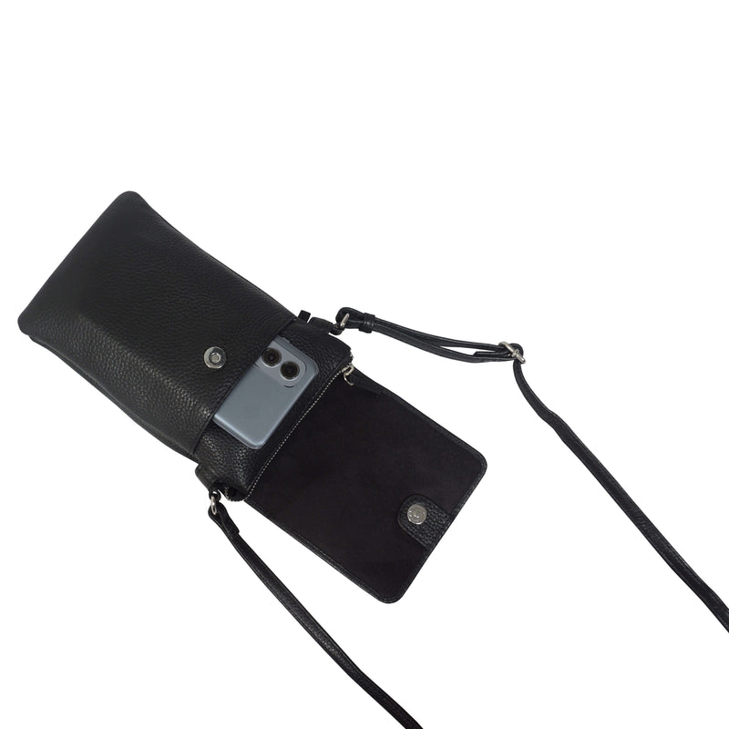 'MARIA' Black Pebble Grain Real Leather Crossbody Phone Bag