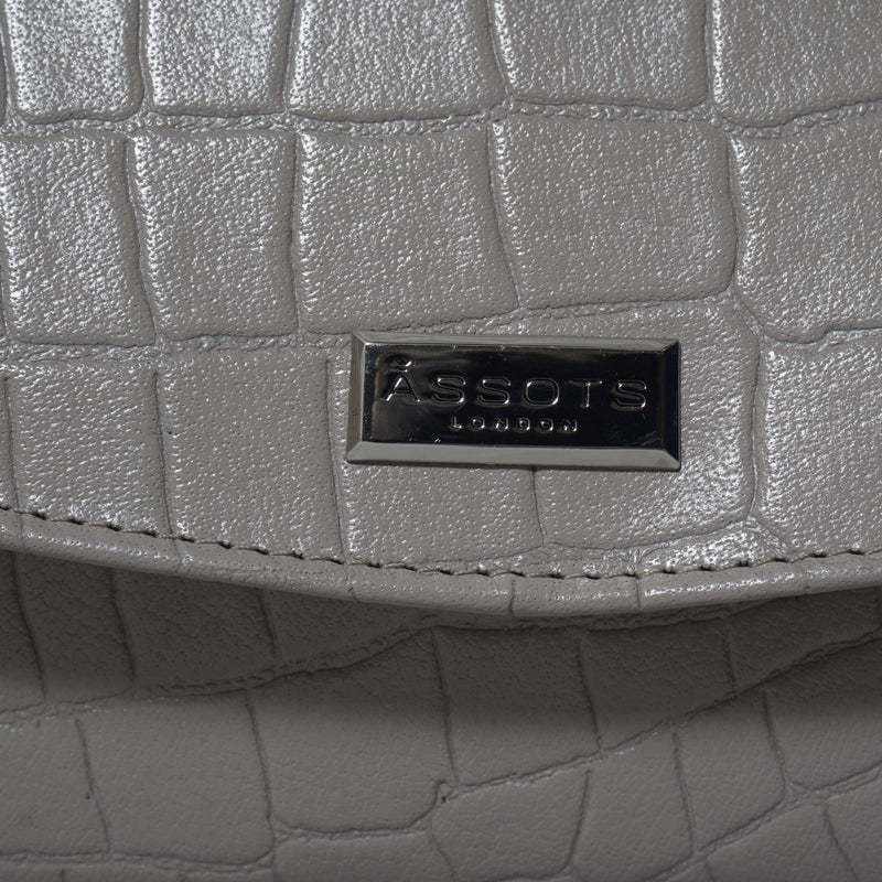 'MATILDA' Ice Grey Croc Designer Leather Organiser Flap Over Crossbody Bag