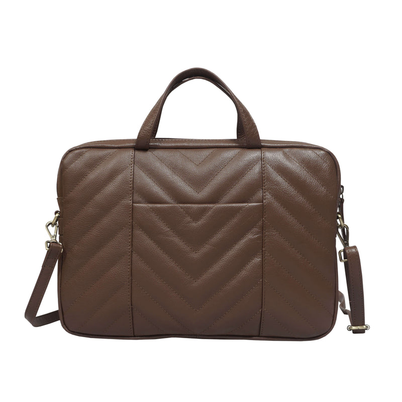 'MAYA' Tan Quilted Soft Pebble Grain Leather Laptop Crossbody Bag