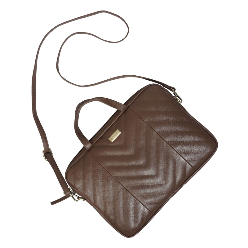 'MAYA' Tan Quilted Soft Pebble Grain Leather Laptop Crossbody Bag