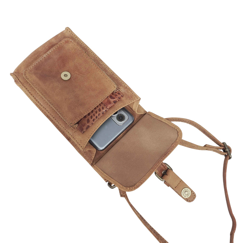 'MYLA' Tan Distressed Real Leather Mobile Phone Crossbody Bag