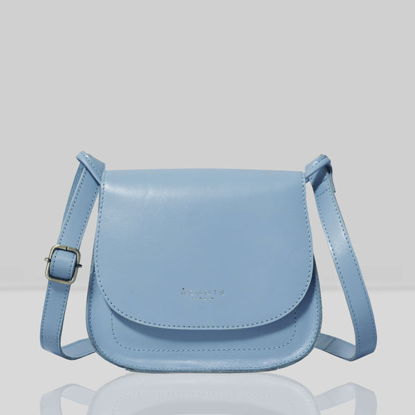 'NICOLA' Pastel Blue Smooth Real Leather Crossbody Saddle Bag