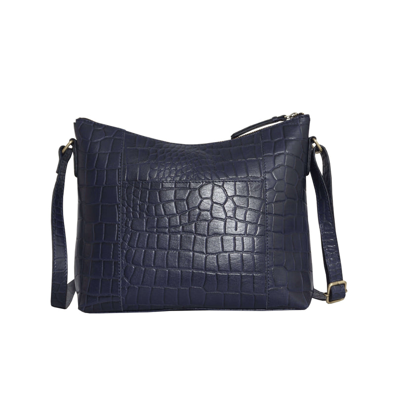 'OLGA' Navy Blue Croc Designer Leather Crossbody Shoulder Bag