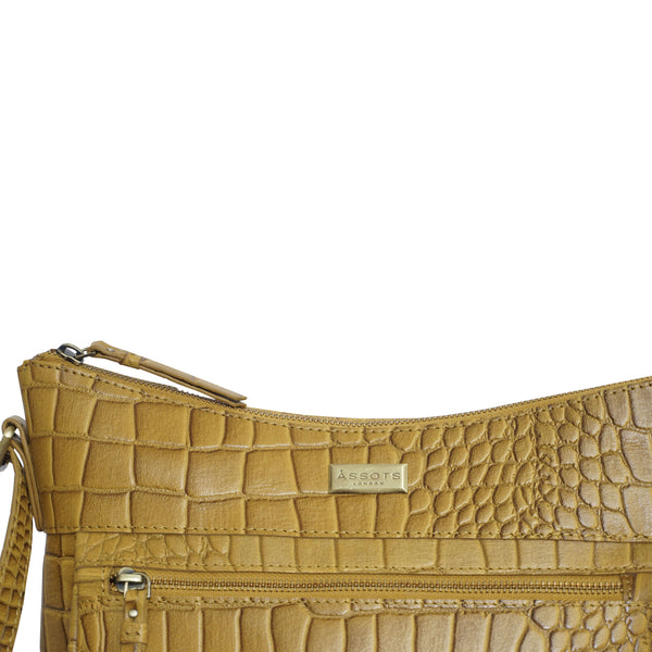 'OLGA' Mustard Ochre Croc Designer Leather Crossbody Shoulder Bag