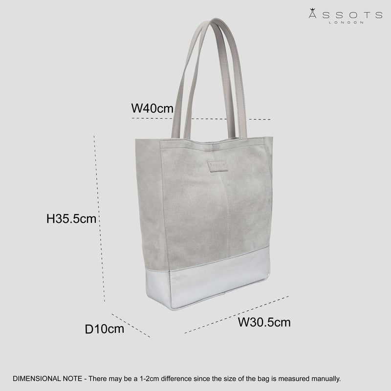 'PAIGE' Grey Real Leather + Silver Metallic Leather Tote Bag