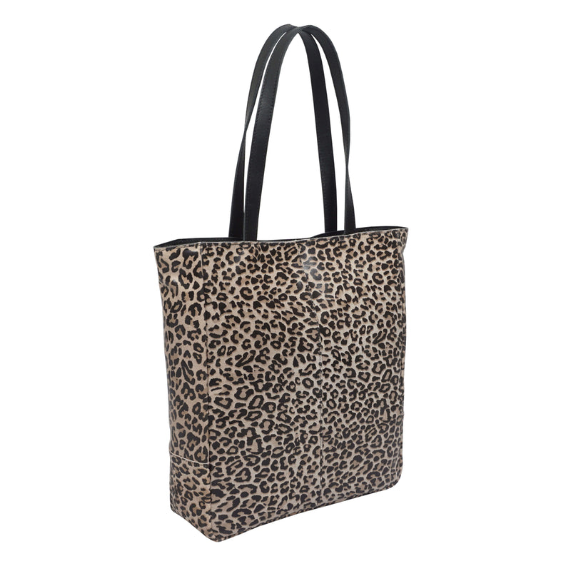'PATRICIA' Black Leopard + Smooth Real Leather Oversized Slouchy Tote Bag