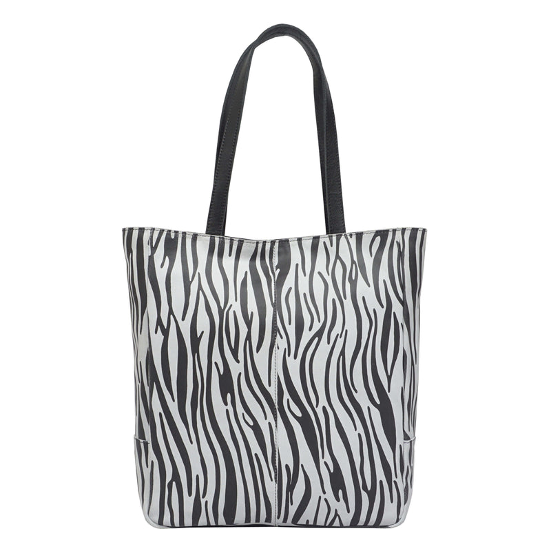 'PATRICIA' Black Zebra + Smooth Real Leather Oversized Slouchy Tote Bag
