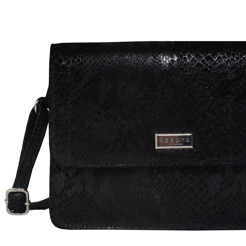 'PEARL' Black Python Snake Real Leather Flap Crossbody Bag