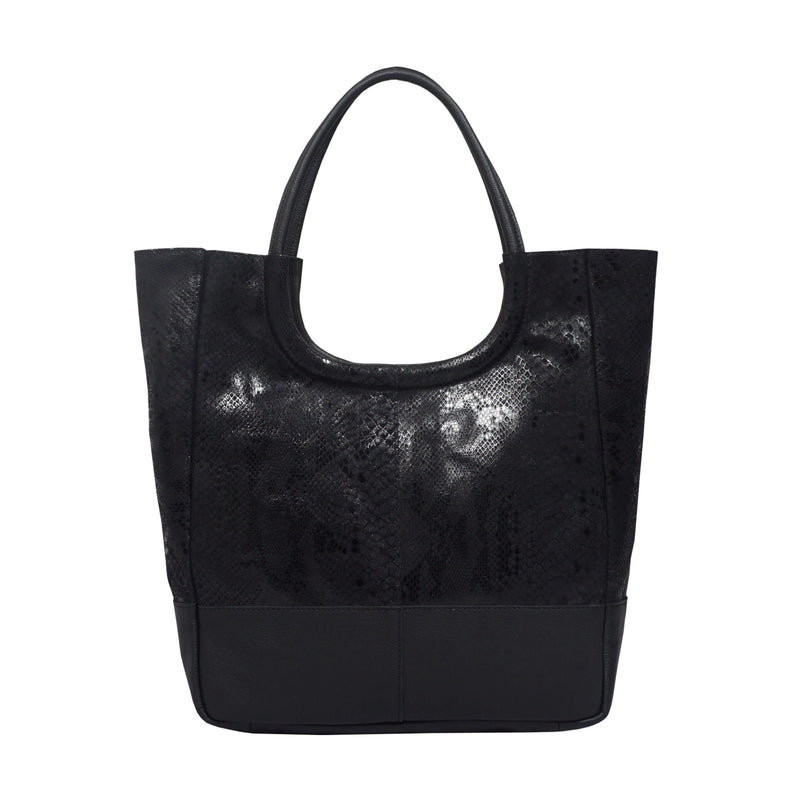 'PENNY' Black Python Snake Print Real Leather Tote Bag