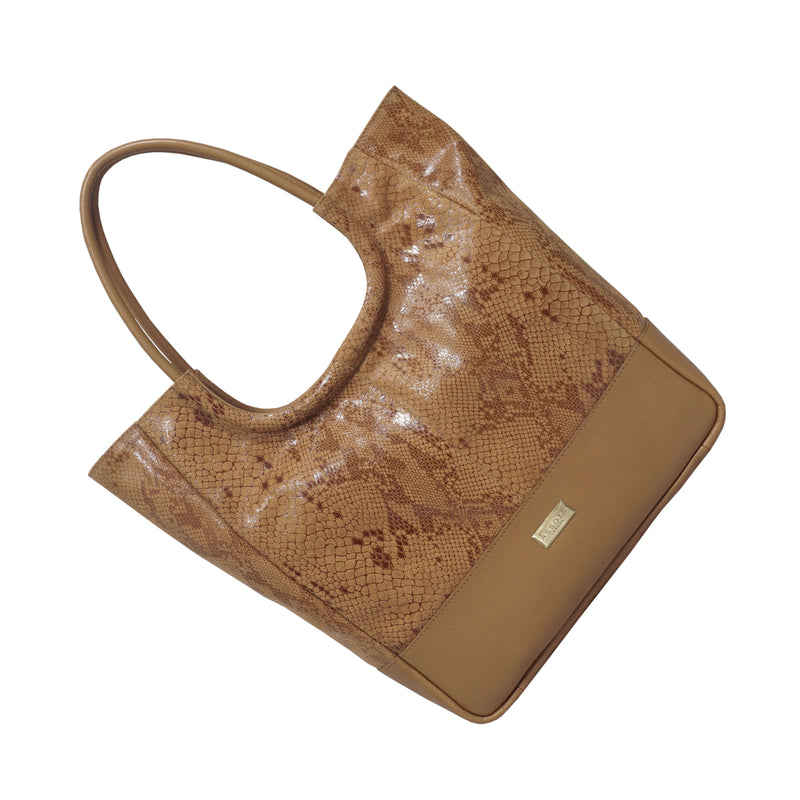 'PENNY' Tan Python Snake Print Real Leather Tote Bag