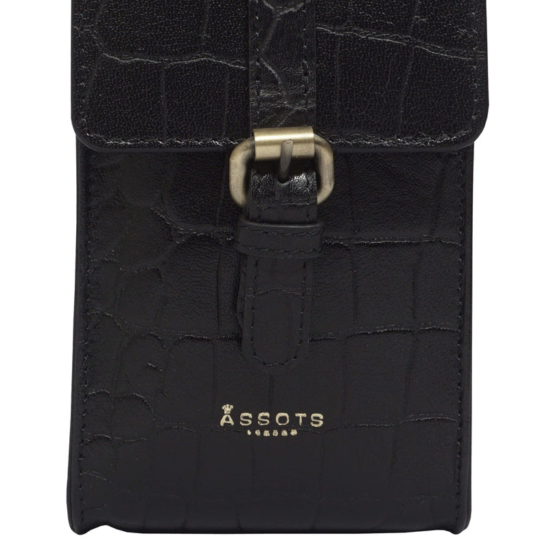 'PETRA' Black Croc Real Leather Mobile Phone Crossbody Bag