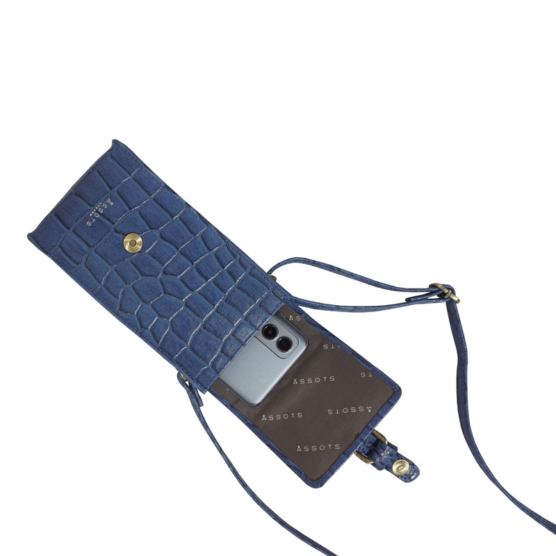 'PETRA' Blue Croc Real Leather Mobile Phone Crossbody Bag