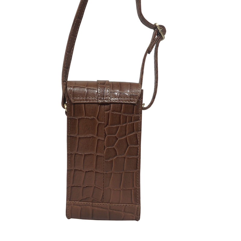 'PETRA' Tan Croc Real Leather Mobile Phone Crossbody Bag