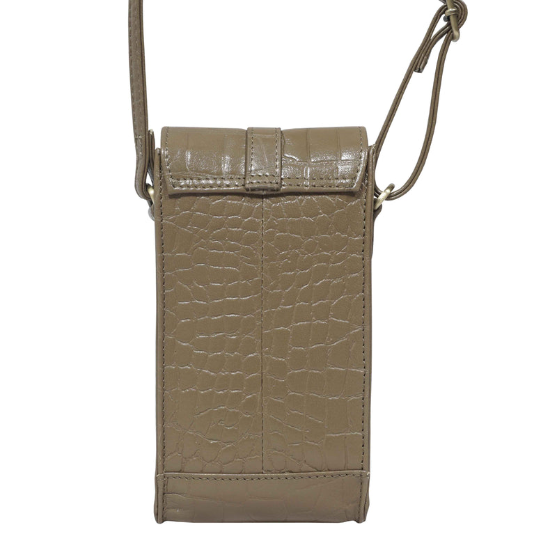 'PETRA' Khaki Croc Real Leather Mobile Phone Crossbody Bag