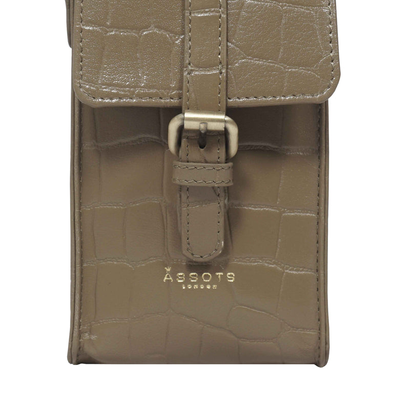 'PETRA' Khaki Croc Real Leather Mobile Phone Crossbody Bag