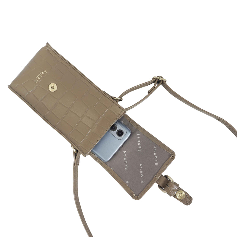 'PETRA' Khaki Croc Real Leather Mobile Phone Crossbody Bag