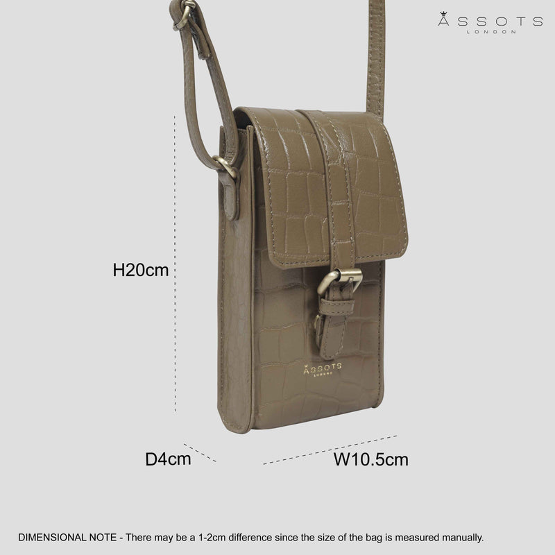 'PETRA' Khaki Croc Real Leather Mobile Phone Crossbody Bag