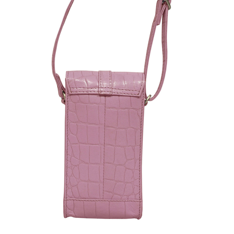 'PETRA' Pink Croc Real Leather Mobile Phone Crossbody Bag